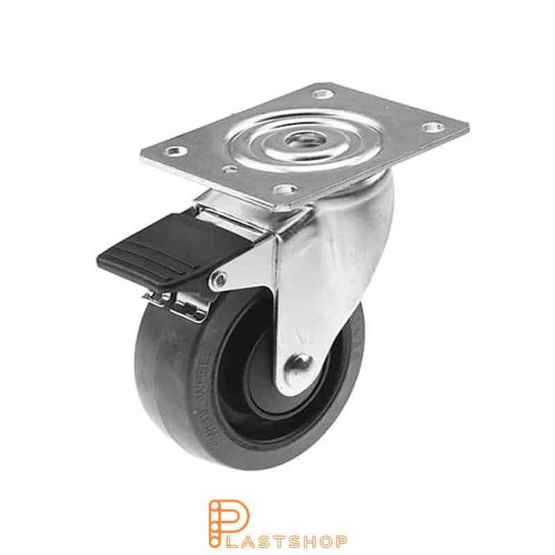 Link wheel with brake, plate, wheel diameter 100 mm, building height 132 mm, hub in PA6 with soft band in ElastoGum in grå. 200 kg load capacity, ball bearing