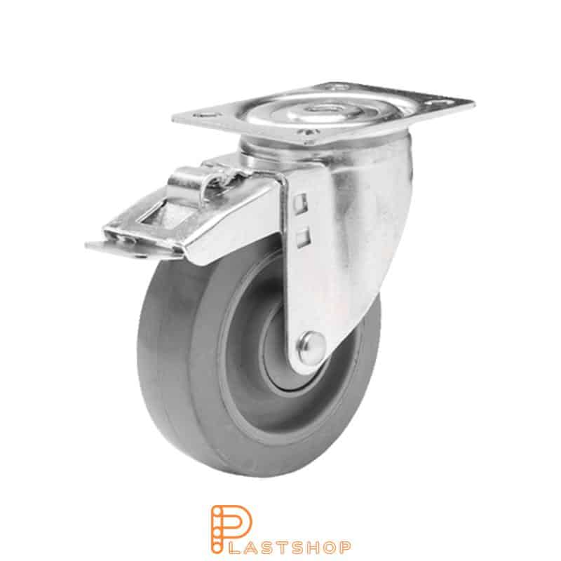 Link wheel with brake, plate, wheel diameter 100 mm, building height 132 mm, hub in PA6 with soft band in ElastoGum in gray color. 225 kg load capacity, ball bearing