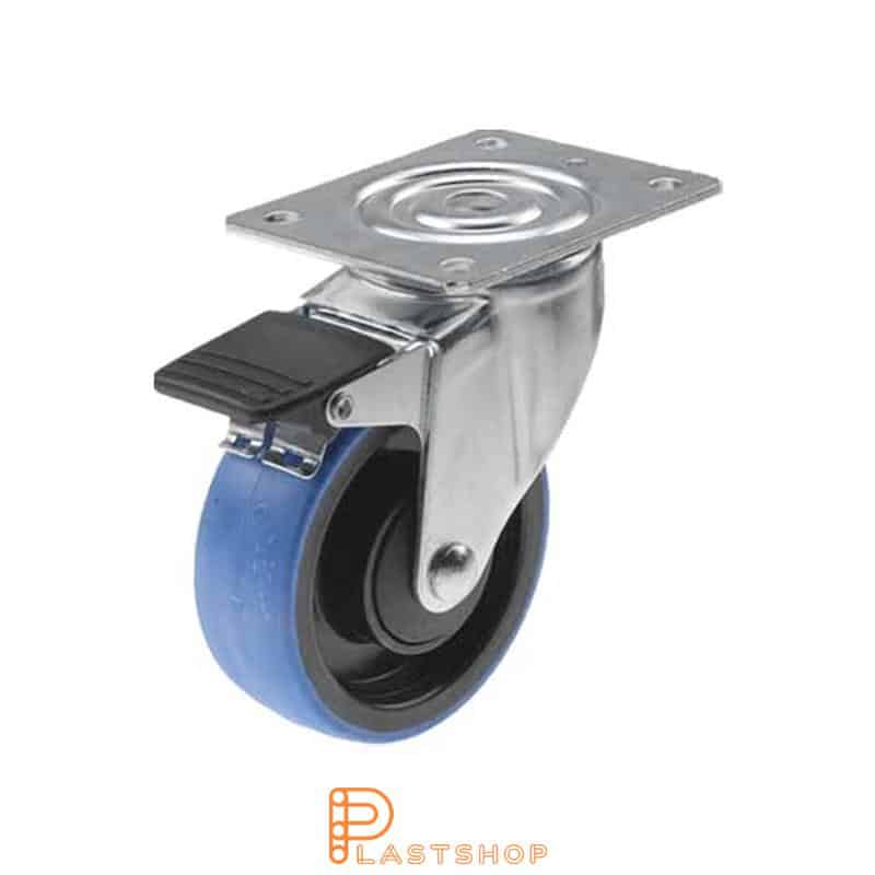 Rueda de enlace con freno, placa, diámetro de la rueda 100 mm, altura de construcción 132 mm, buje en PA6 con banda suave en PUR de color azul. 140 kg de carga, cojinete de bolas