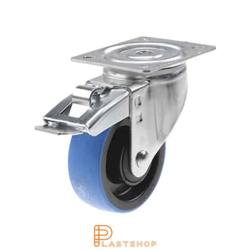 Link wheel with brake, plate, wheel diameter 100 mm, building height 132 mm, hub in PA6 with soft band in PUR in blue color. 200 kg load capacity, ball bearing