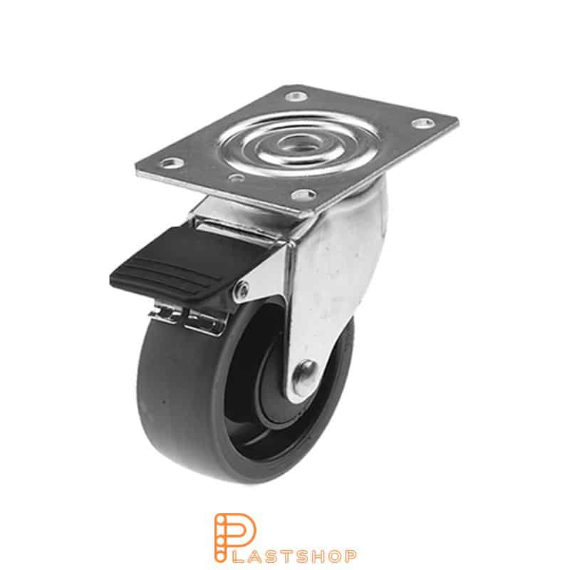 Link wheel with brake, plate, wheel diameter 100 mm, building height 132 mm, hub in PA6 with soft band in PUR in grå. 140 kg load capacity, ball bearing