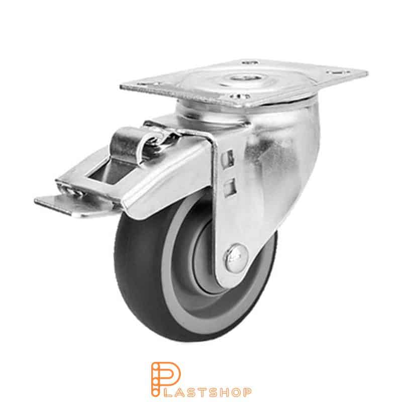 Lenkjhjul med bremse, plate, hjuldiameter 100 mm, byggehøyde 132 mm, nav i PP med myk bane i TPE i grå farge. 100 kg bæreevne, kullager