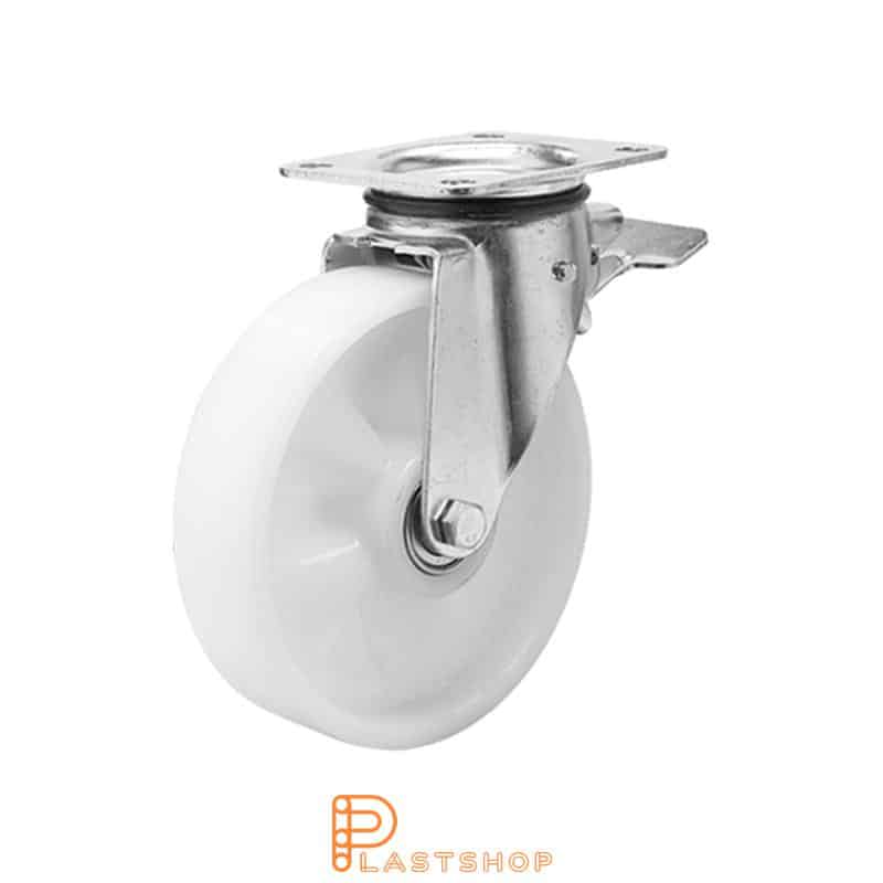 Link wheel with brake, plate, wheel diameter 100 mm, building height 140 mm, hard wheel in solid PA6, 400 kg load capacity, double ball bearing