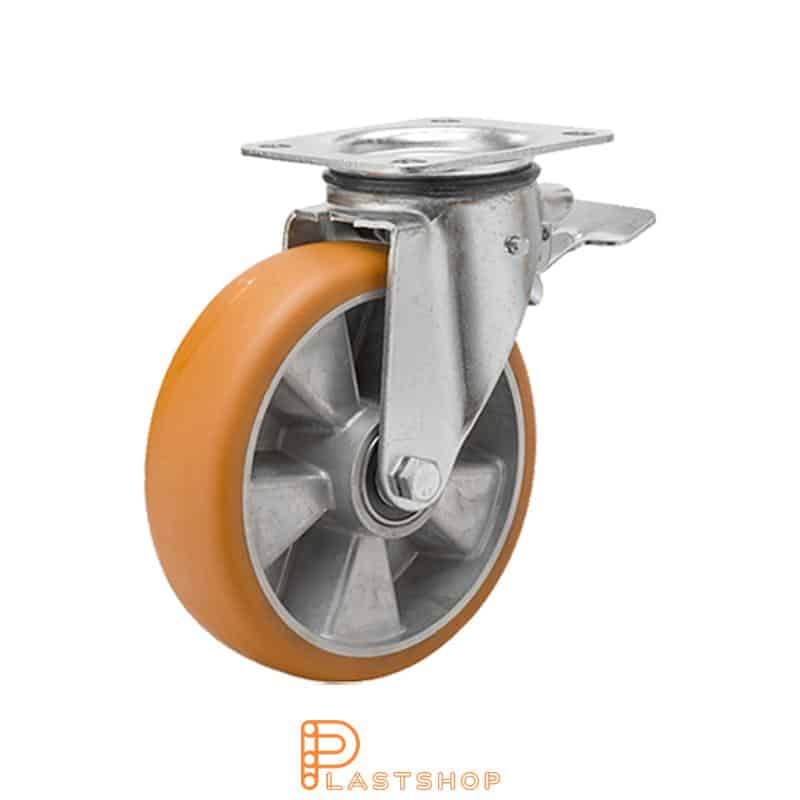 Länkhjul med broms, platta, hjuldiameter 100 mm, bygghöjd 140 mm, nav i aluminium med mjuk bana i ElastoPUR i brun färg. 400 kg bärighet, dubbla kullager