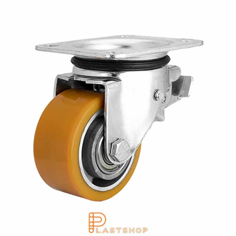 Länkhjul med broms, platta, hjuldiameter 100 mm, bygghöjd 140 mm, nav i aluminium med mjuk bana i PUR i orange färg. 400 kg bärighet, dubbla kullager