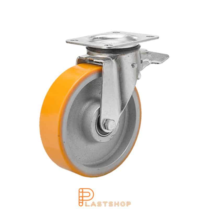 Lenkjhjul med bremse, plate, hjuldiameter 100 mm, byggehøyde 140 mm, nav i støpejern med myk bane i PUR i oransje farge. 300 kg bæreevne, doble kullager
