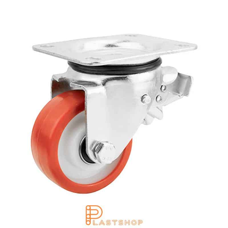 Länkhjul med broms, platta, hjuldiameter 100 mm, bygghöjd 140 mm, nav i PA6 med mjuk bana i PUR i röd färg. 300 kg bärighet, dubbla kullager