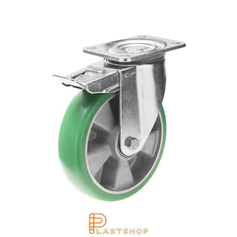 Lenkki pyörä jarrulla, laippa, pyörän halkaisija 100 mm, rakennuskorkeus 142 mm, navat alumiinista pehmeällä uralla ElastoPUR:sta vihreässä värissä. 350 kg kantavuus, kaksi palloalaakeria
