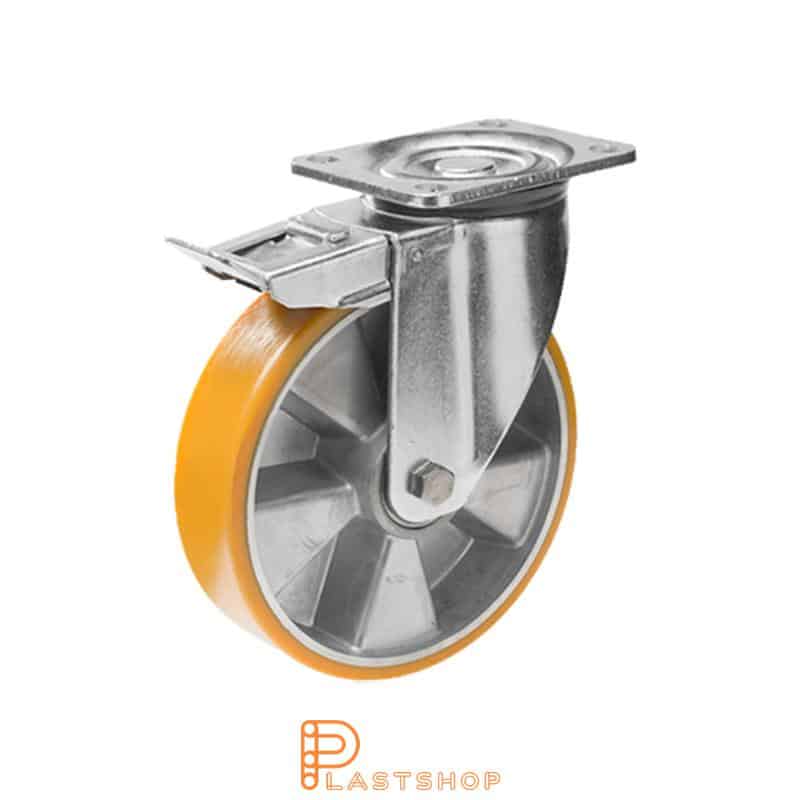 Länkhjul med broms, platta, hjuldiameter 100 mm, bygghöjd 142 mm, nav i aluminium med mjuk bana i PUR i orange färg. 400 kg bärighet, dubbla kullager