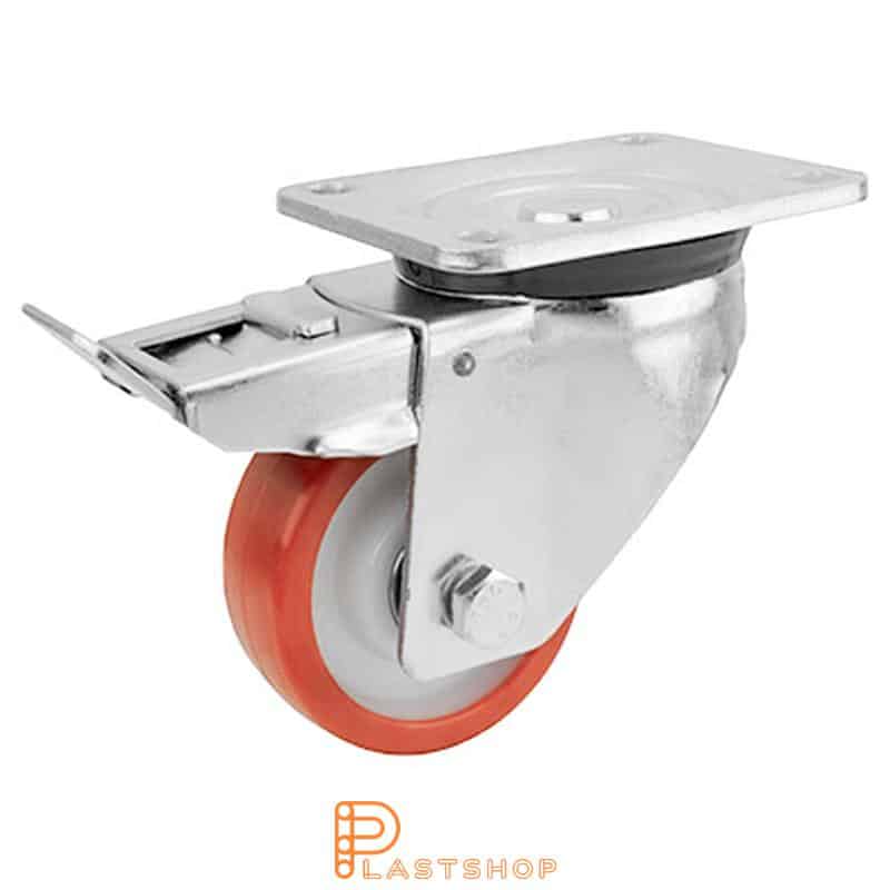 Länkhjul med broms, platta, hjuldiameter 100 mm, bygghöjd 142 mm, nav i PA6 med mjuk bana i PUR i röd färg. 300 kg bärighet, dubbla kullager