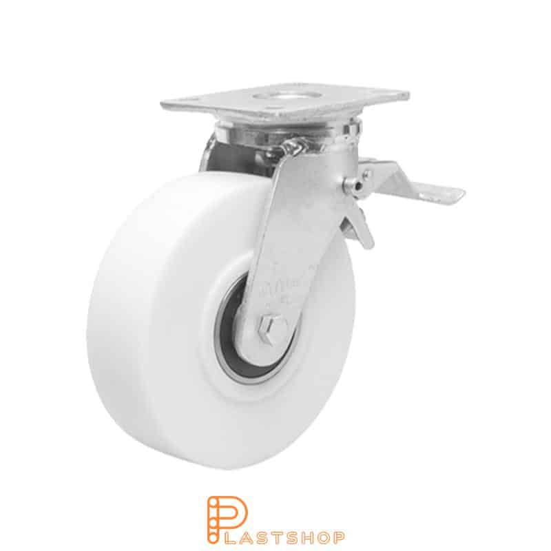 Link wheel with brake, plate, wheel diameter 100 mm, building height 145 mm, hard wheel in solid PA6 C, 1250 kg load capacity, double ball bearing