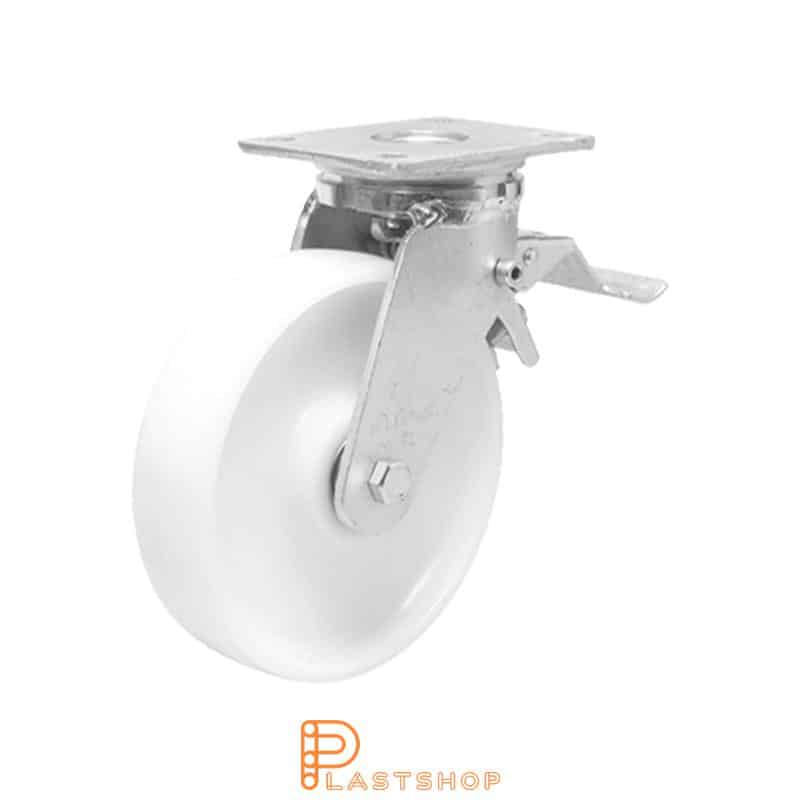 Rueda de enlace con freno, placa, diámetro de la rueda 100 mm, altura de construcción 145 mm, rueda dura de PA6 macizo, 650 kg de carga, cojinetes de bolas dobles