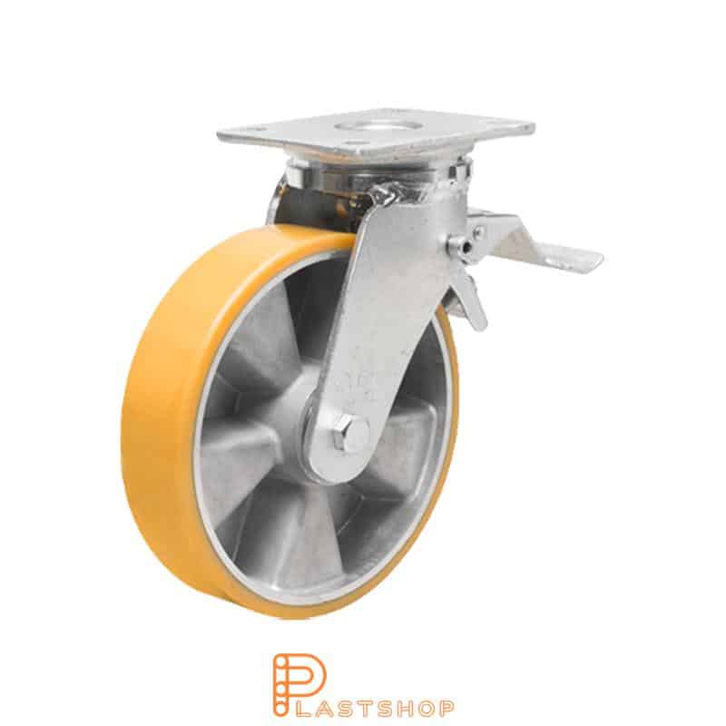 Lenkjhjul med bremse, plate, hjuldiameter 100 mm, byggehøyde 145 mm, nav i aluminium med myk bane i PUR i oransje farge. 400 kg bæreevne, doble kullager