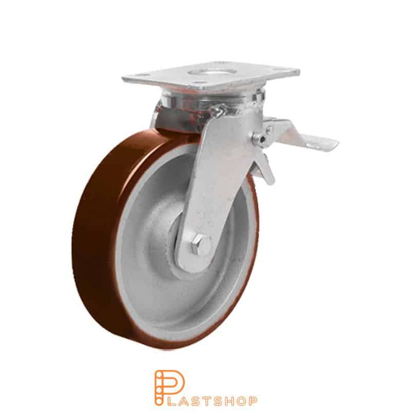 Rueda de enlace con freno, placa, diámetro de la rueda 100 mm, altura de construcción 145 mm, buje en fundición con banda suave en PUR de color rojo. 400 kg de carga, cojinetes de bolas dobles