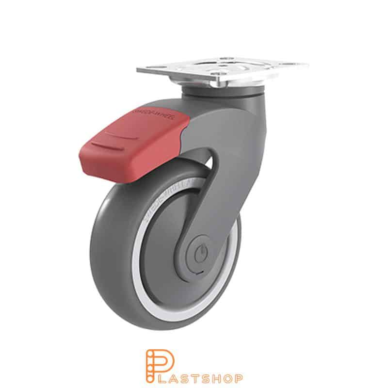 Lenkki pyörä jarrulla, laippa, pyörän halkaisija 100 mm, rakennuskorkeus 147 mm, navat PP:stä pehmeällä uralla TPE:stä harmaassa värissä. 100 kg kantavuus, palloalaakeri