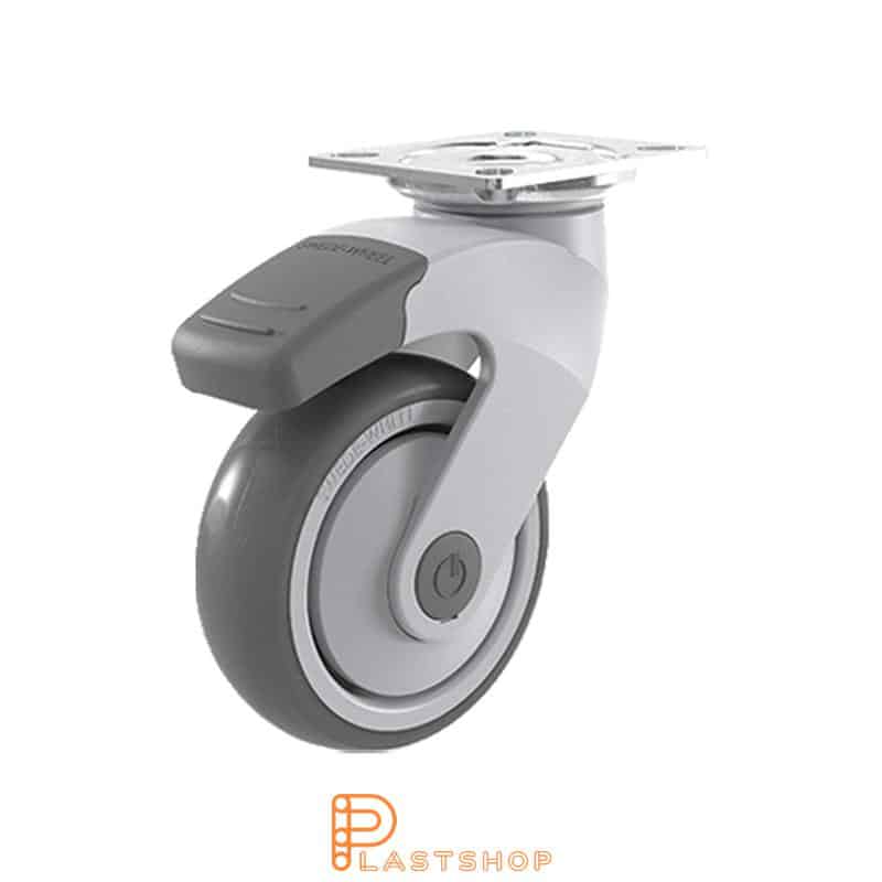 Link wheel with brake, plate, wheel diameter 100 mm, building height 147 mm, hub in PP with soft band in TPE in gray color. 100 kg load capacity, ball bearing
