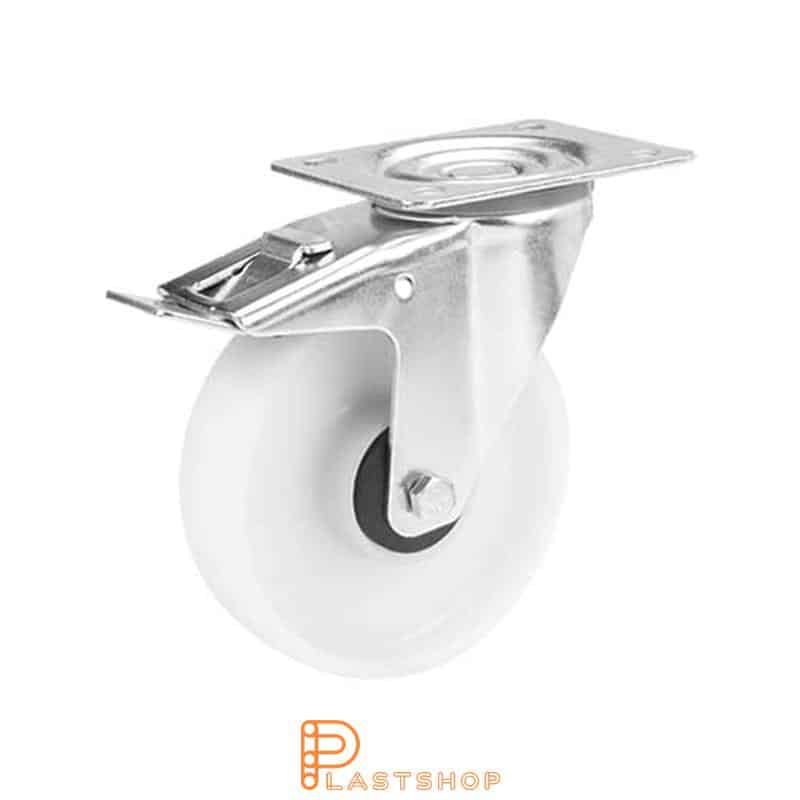 Rueda de enlace con freno, placa, diámetro de la rueda 108 mm, altura de construcción 132 mm, rueda dura de PP macizo, 200 kg de carga, cojinete de bolas