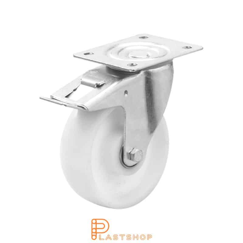 Link wheel with brake, plate, wheel diameter 125 mm, building height 155 mm, hard wheel in solid PA6, 200 kg load capacity, double ball bearing