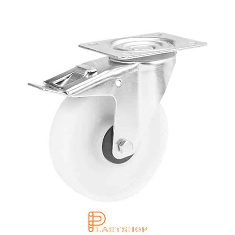 Rueda de enlace con freno, placa, diámetro de la rueda 125 mm, altura de construcción 155 mm, rueda dura de PP macizo, 160 kg de carga, cojinete de bolas