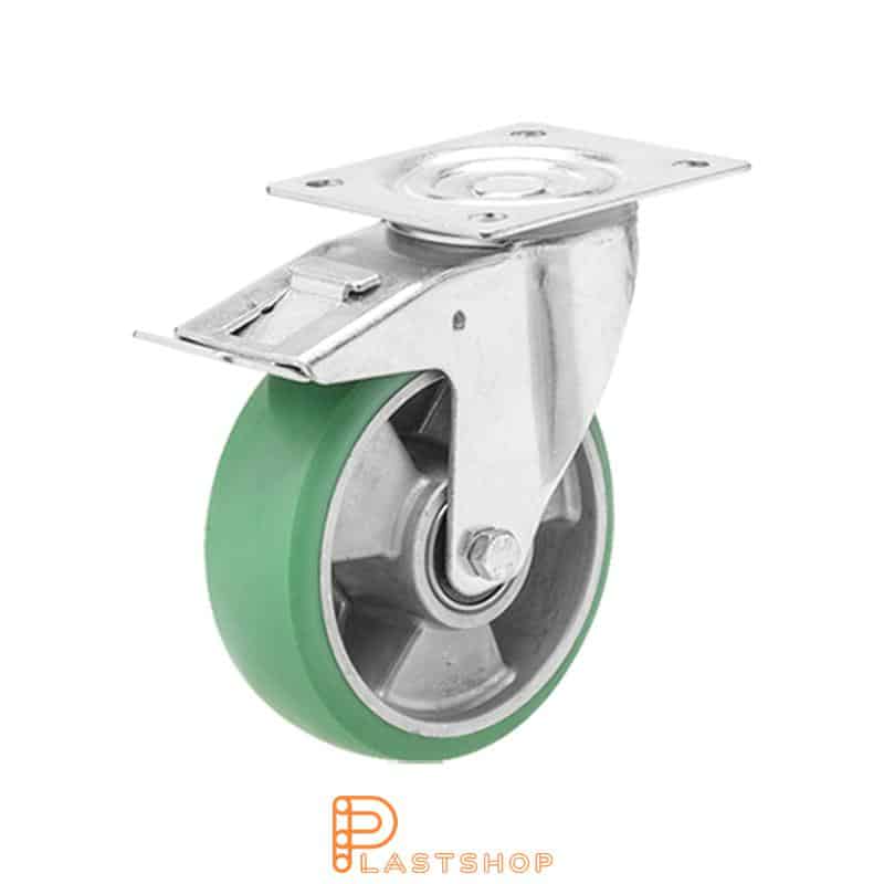 Rueda de enlace con freno, placa, diámetro de la rueda 125 mm, altura de construcción 155 mm, buje en aluminio con banda suave en ElastoPUR de color verde. 200 kg de carga, cojinetes de bolas dobles