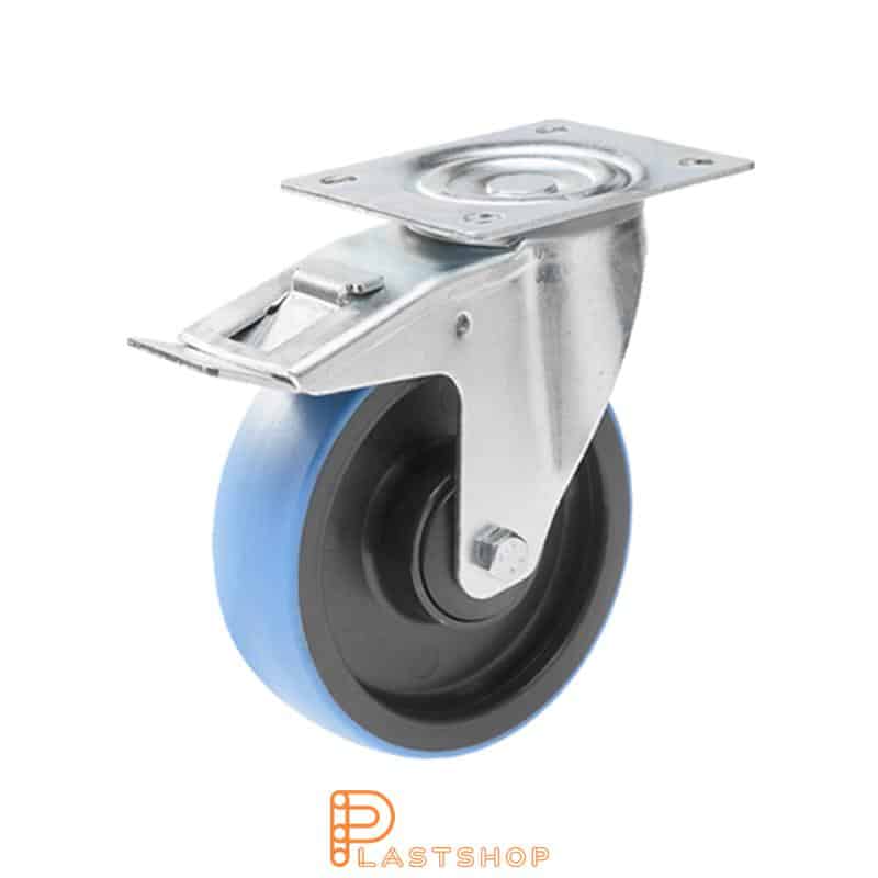 Rueda de enlace con freno, placa, diámetro de la rueda 125 mm, altura de construcción 155 mm, buje en PA6 con banda suave en PUR de color azul. 200 kg de carga, cojinete de bolas