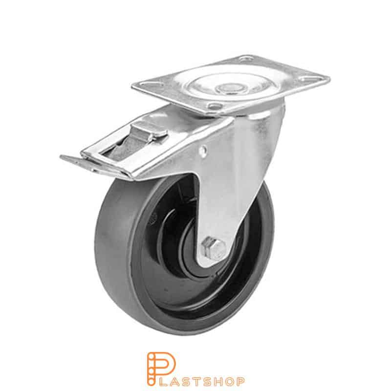 Lenkki pyörä jarrulla, laippa, pyörän halkaisija 125 mm, rakennuskorkeus 155 mm, navat PA6:sta pehmeällä uralla PUR:sta harmaassa värissä. 200 kg kantavuus, palloalaakeri