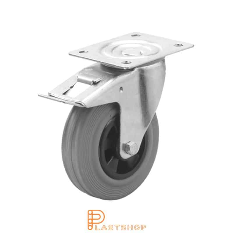 Lenkki pyörä jarrulla, laippa, pyörän halkaisija 125 mm, rakennuskorkeus 155 mm, navat PP:stä pehmeällä uralla kuminasta harmaassa värissä. 100 kg kantavuus, rullalaakeri