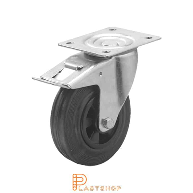 Rueda de enlace con freno, placa, diámetro de la rueda 125 mm, altura de construcción 155 mm, buje en PP con banda suave en goma de color negro. 100 kg de carga, rodamiento