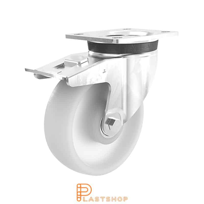 Link wheel with brake, plate, wheel diameter 125 mm, building height 156 mm, hard wheel in solid PA6, 350 kg load capacity, double ball bearing