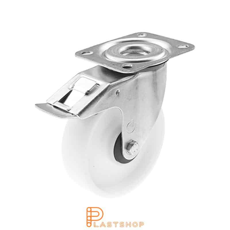 Rueda de enlace con freno, placa, diámetro de la rueda 125 mm, altura de construcción 156 mm, rueda dura de PP macizo, 160 kg de carga, cojinete de bolas