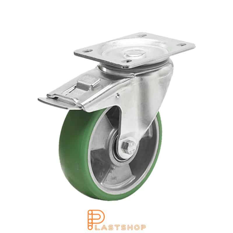 Lenkjhjul med bremse, plate, hjuldiameter 125 mm, byggehøyde 156 mm, nav i aluminium med myk bane i ElastoPUR i grønn farge. 300 kg bæreevne, doble kullager