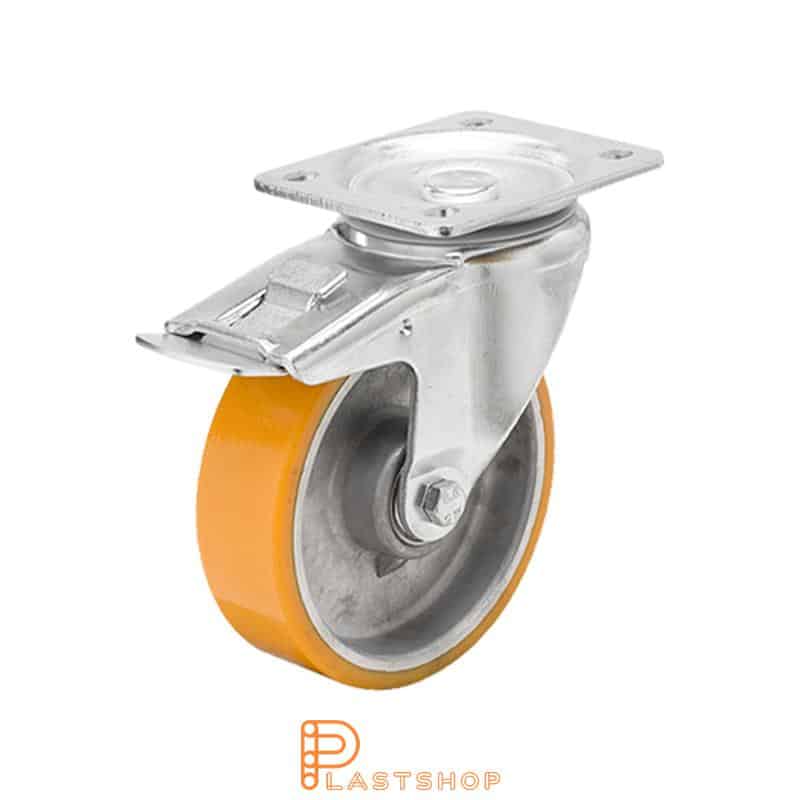 Länkhjul med broms, platta, hjuldiameter 125 mm, bygghöjd 156 mm, nav i aluminium med mjuk bana i PUR i orange färg. 350 kg bärighet, dubbla kullager