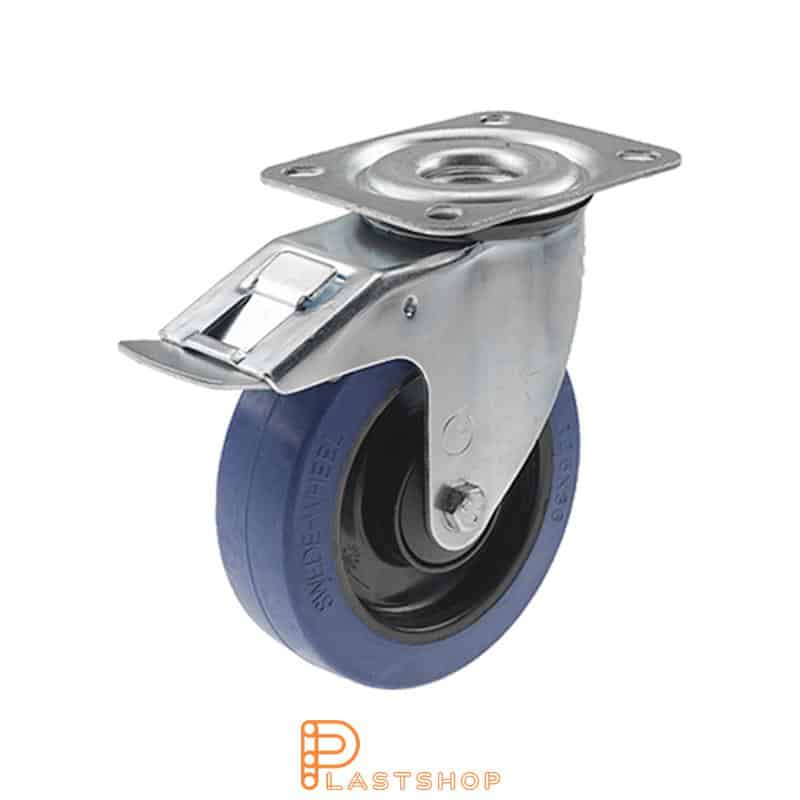 Länkhjul med broms, platta, hjuldiameter 125 mm, bygghöjd 156 mm, nav i PA6 med mjuk bana i ElastoGum i blå färg. 160 kg bärighet, kullager