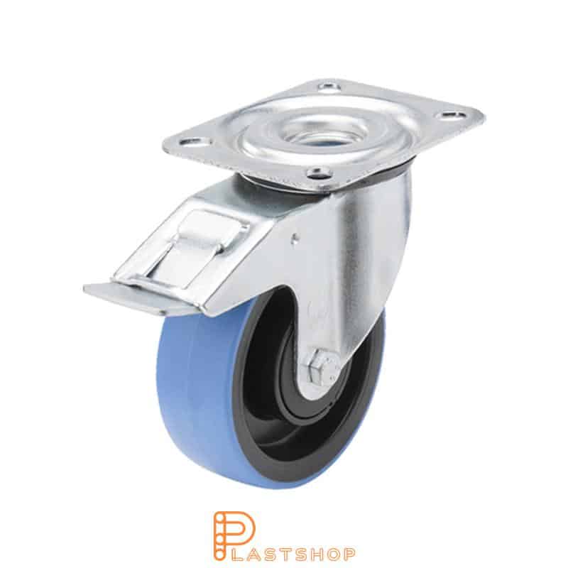 Link wheel with brake, plate, wheel diameter 125 mm, building height 156 mm, hub in PA6 with soft band in PUR in blue color. 160 kg load capacity, ball bearing