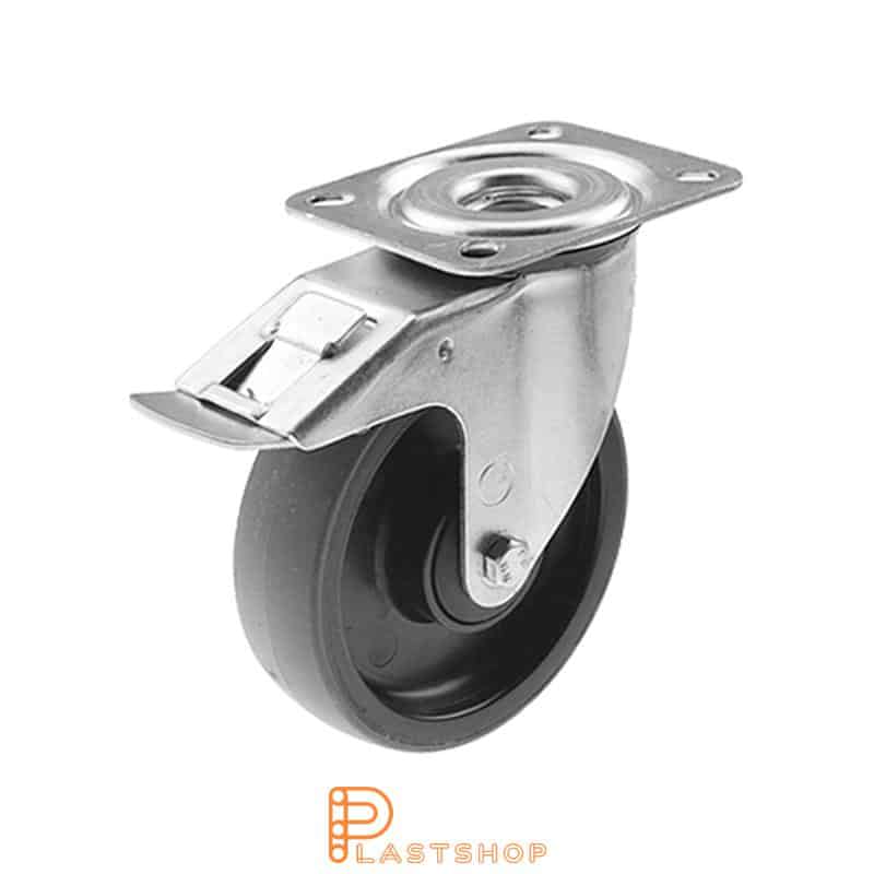 Rueda de enlace con freno, placa, diámetro de la rueda 125 mm, altura de construcción 156 mm, buje en PA6 con banda suave en PUR de color gris. 160 kg de carga, cojinete de bolas