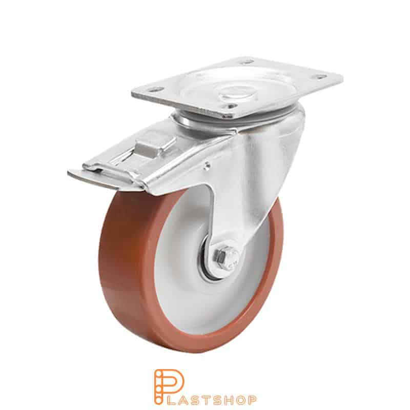 Rueda de enlace con freno, placa, diámetro de la rueda 125 mm, altura de construcción 156 mm, buje en PA6 con banda suave en PUR de color rojo. 350 kg de carga, cojinetes de bolas dobles