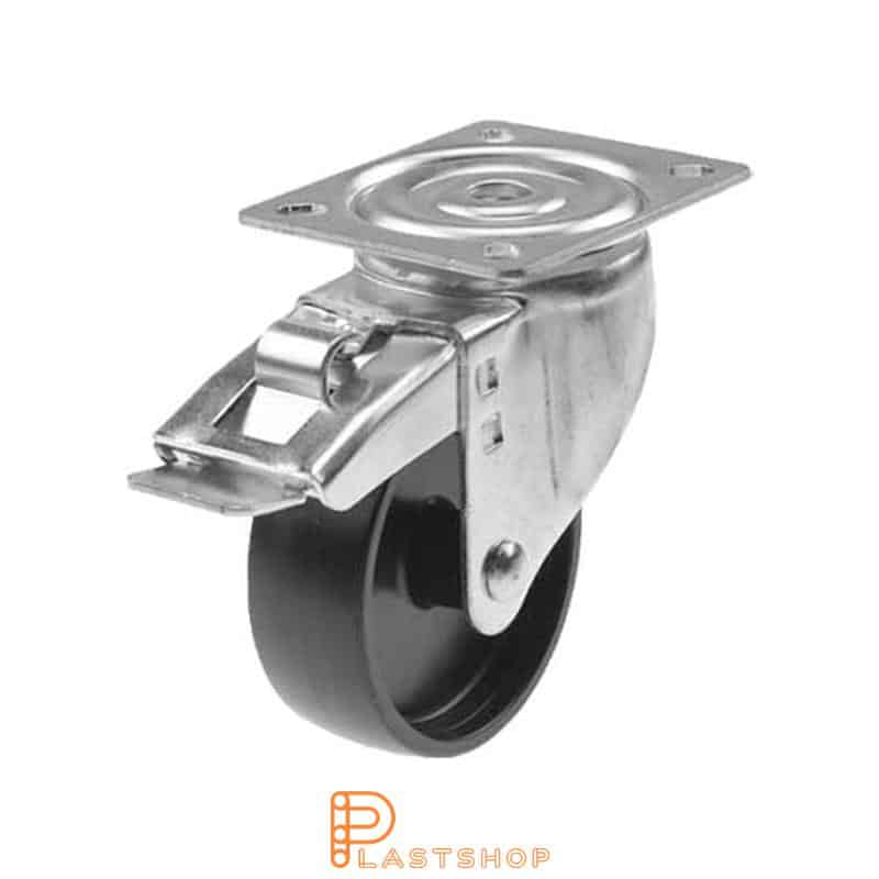 Rueda de enlace con freno, placa, diámetro de la rueda 125 mm, altura de construcción 157 mm, rueda dura de PP macizo, 160 kg de carga, cojinete deslizante