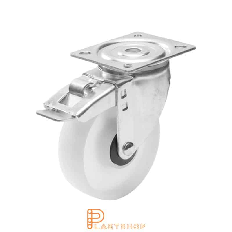 Link wheel with brake, plate, wheel diameter 125 mm, building height 157 mm, hard wheel in solid PP, 160 kg load capacity, ball bearing