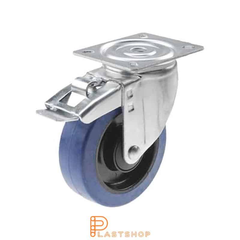 Lenkki pyörä jarrulla, laippa, pyörän halkaisija 125 mm, rakennuskorkeus 157 mm, navat PA6:sta pehmeällä uralla ElastoGum:ista sinisessä värissä. 225 kg kantavuus, palloalaakeri