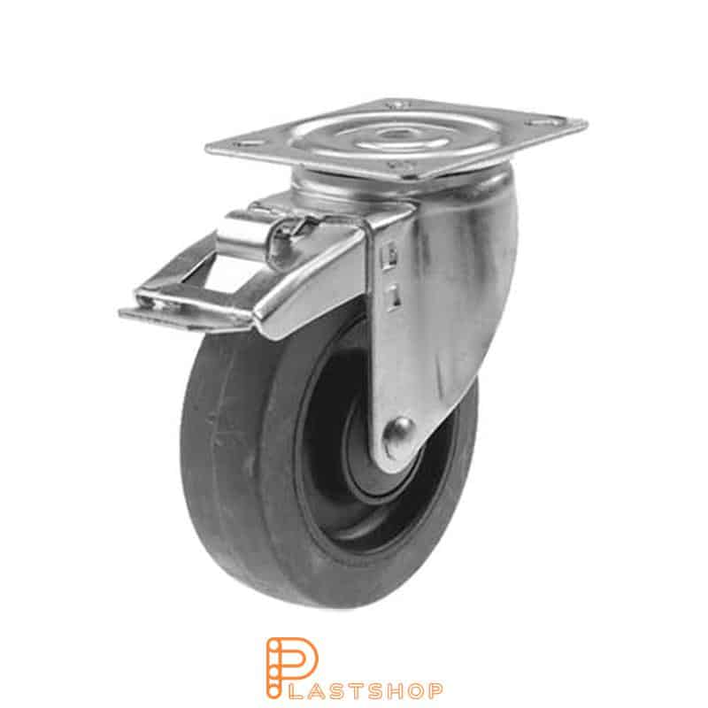 Länkhjul med broms, platta, hjuldiameter 125 mm, bygghöjd 157 mm, nav i PA6 med mjuk bana i ElastoGum i grå färg. 225 kg bärighet, kullager