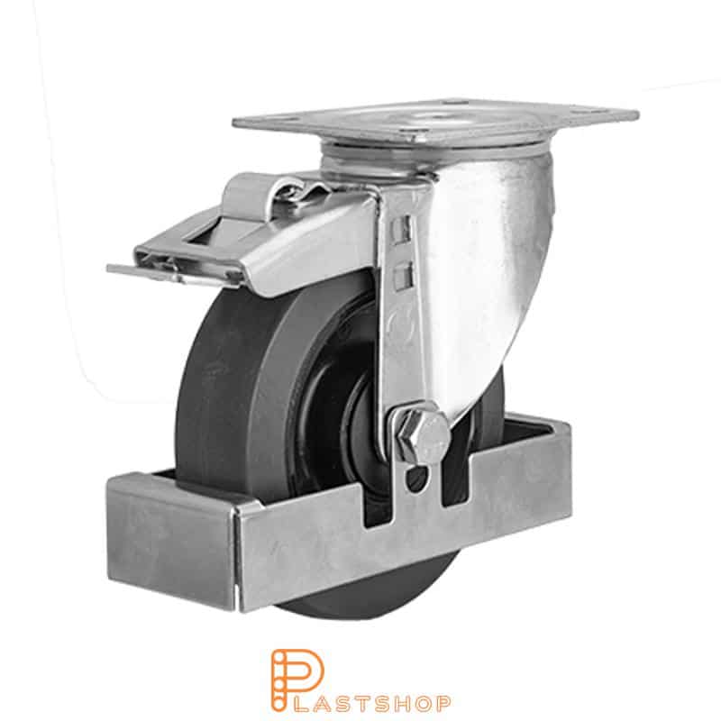 Lenkki pyörä jarrulla, laippa, pyörän halkaisija 125 mm, rakennuskorkeus 157 mm, navat PA6:sta pehmeällä uralla ElastoGum:ista harmaassa värissä. 225 kg kantavuus, palloalaakeri