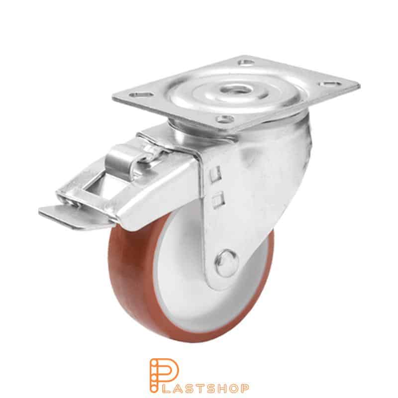 Lenkjhjul med bremse, plate, hjuldiameter 125 mm, byggehøyde 157 mm, nav i PA6 med myk bane i PUR i rød farge. 200 kg bæreevne, glidlager