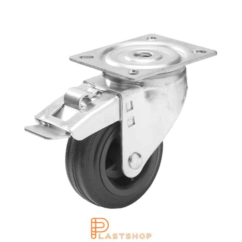 Lenkjhjul med bremse, plate, hjuldiameter 125 mm, byggehøyde 157 mm, nav i PP med myk bane i gummi i svart farge. 160 kg bæreevne, rullager