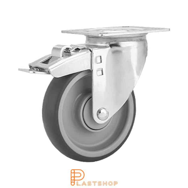 Lenkki pyörä jarrulla, laippa, pyörän halkaisija 125 mm, rakennuskorkeus 157 mm, navat PP:stä pehmeällä uralla TPE:stä harmaassa värissä. 100 kg kantavuus, palloalaakeri