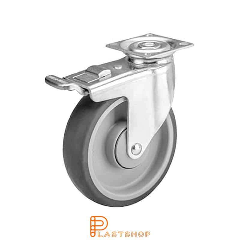 Link wheel with brake, plate, wheel diameter 125 mm, building height 159 mm, hub in PP with soft band in TPE in gray color. 100 kg load capacity, ball bearing
