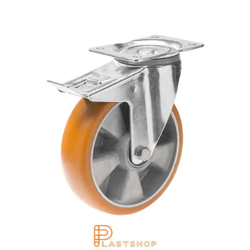 Rueda de enlace con freno, placa, diámetro de la rueda 125 mm, altura de construcción 163 mm, buje en aluminio con banda suave en ElastoPUR de color marrón. 400 kg de carga, cojinetes de bolas dobles