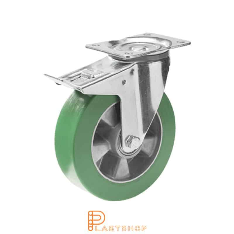 Rueda de enlace con freno, placa, diámetro de la rueda 125 mm, altura de construcción 163 mm, buje en aluminio con banda suave en ElastoPUR de color verde. 350 kg de carga, cojinetes de bolas dobles