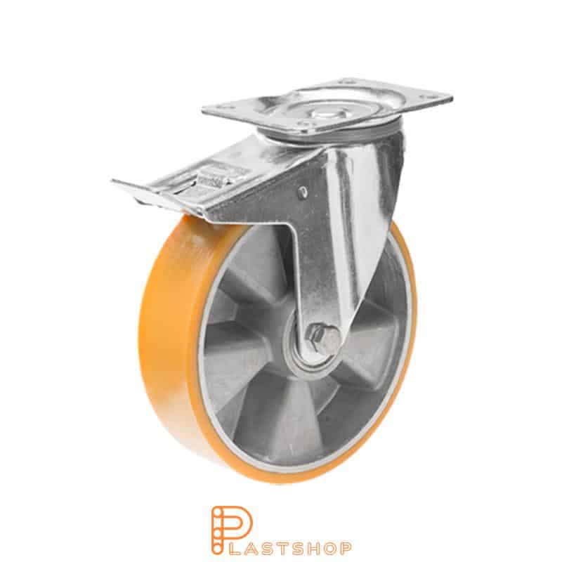 Länkhjul med broms, platta, hjuldiameter 125 mm, bygghöjd 163 mm, nav i aluminium med mjuk bana i PUR i orange färg. 350 kg bärighet, dubbla kullager