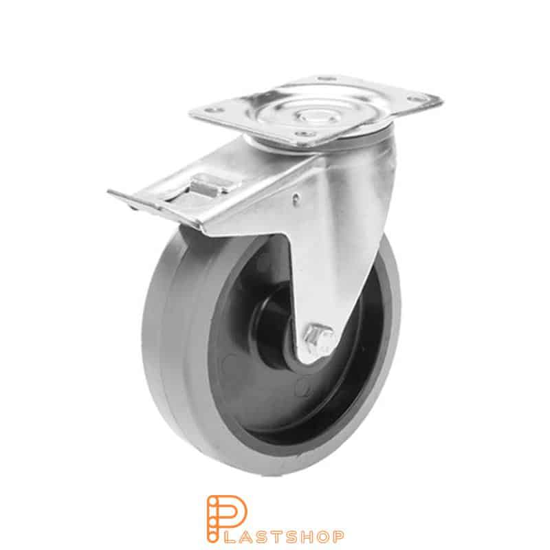 Rueda de enlace con freno, placa, diámetro de la rueda 125 mm, altura de construcción 163 mm, buje en PA6 con banda suave en ElastoGum de color gris. 250 kg de carga, rodamiento