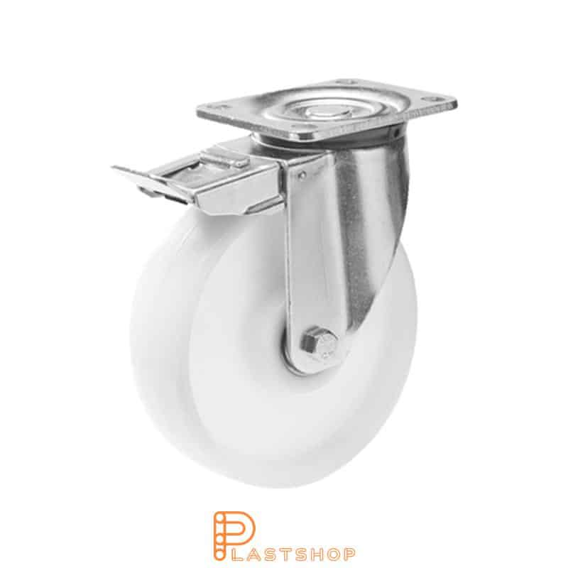 Rueda de enlace con freno, placa, diámetro de la rueda 125 mm, altura de construcción 164 mm, rueda dura de PA6 macizo, 600 kg de carga, cojinetes de bolas dobles